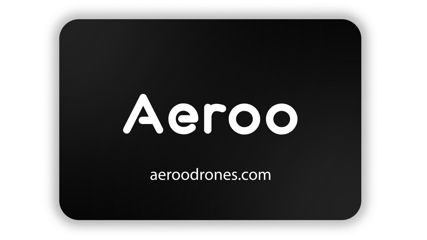 Black gift card with 'Aeroo' and 'aeroodrones.com' text on a white background.